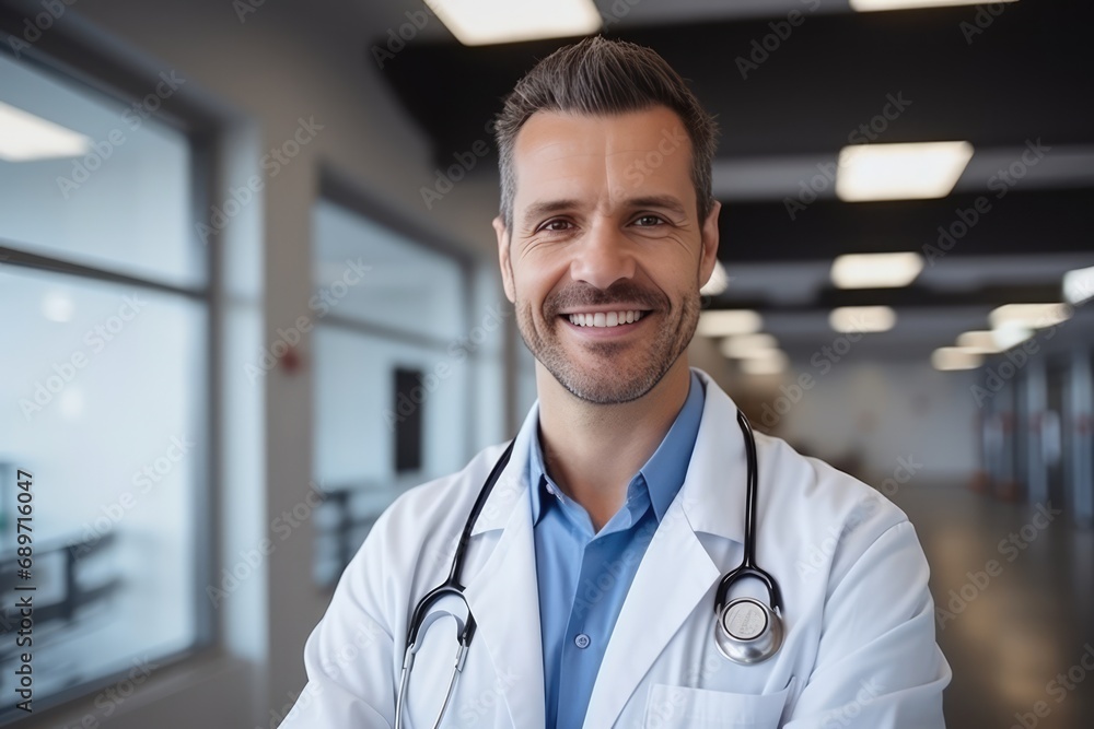 Smiling Doctor With Stethoscope In Hospital Corridor Smiling Doctor With Stethoscope In Hospital Corridor