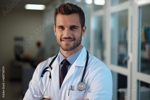 Smiling Doctor With Stethoscope In Hospital Corridor. Сoncept Medical Professional, Healthcare Setting, Doctor Portrait, Stethoscope, Hospital Corridor