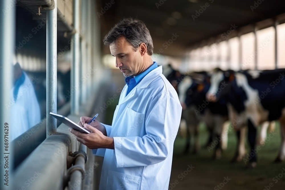 Veterinarian Looking At Tablet In Front Of Cows Highquality Photo