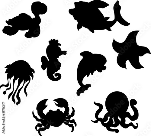 Collection of sea animals. Turtle, shark, jellyfish, seahorse, dolphin, starfish, crab, octopus. Cartoon. Silhouette. Vector