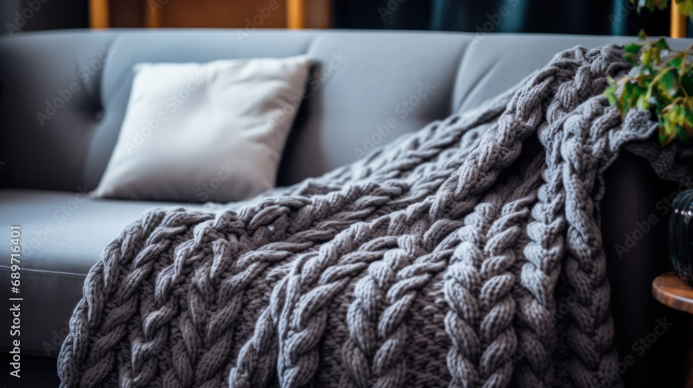 Close-up of a gray knitted blanket on a gray sofa. The concept of interior, comfort.