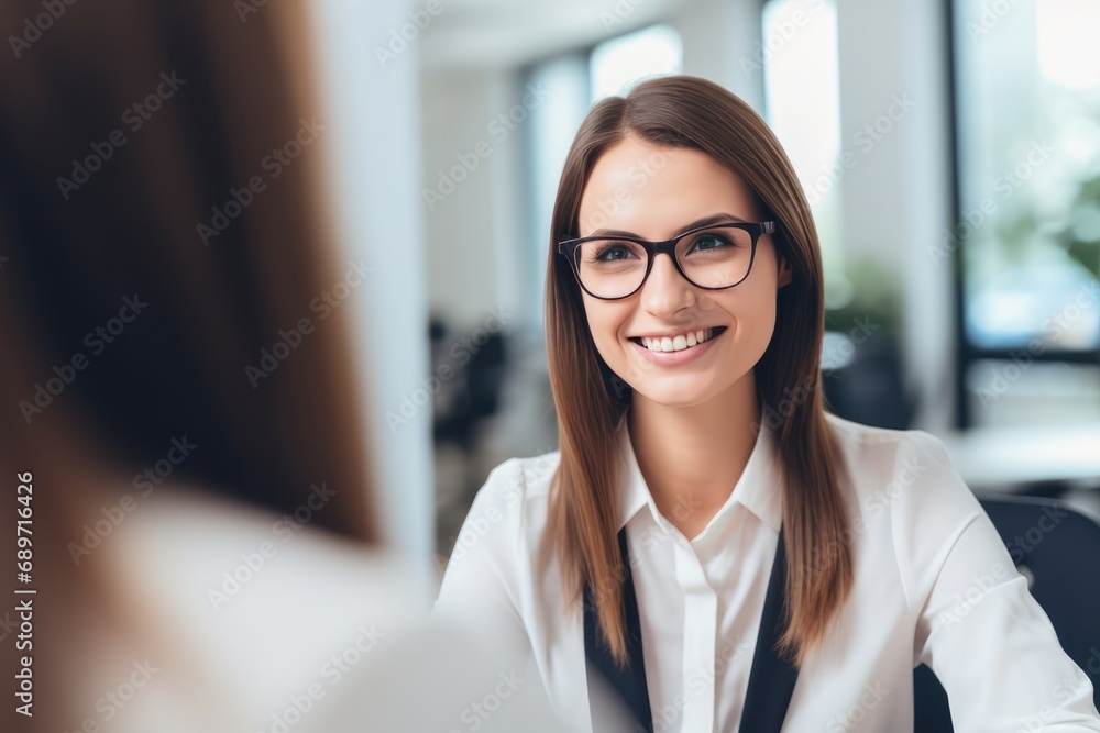 Fototapeta premium Woman Smiling In Job Interview With Hr Manager. Сoncept Job Interview Success, Professional Attire, Confident Body Language, Positive First Impression