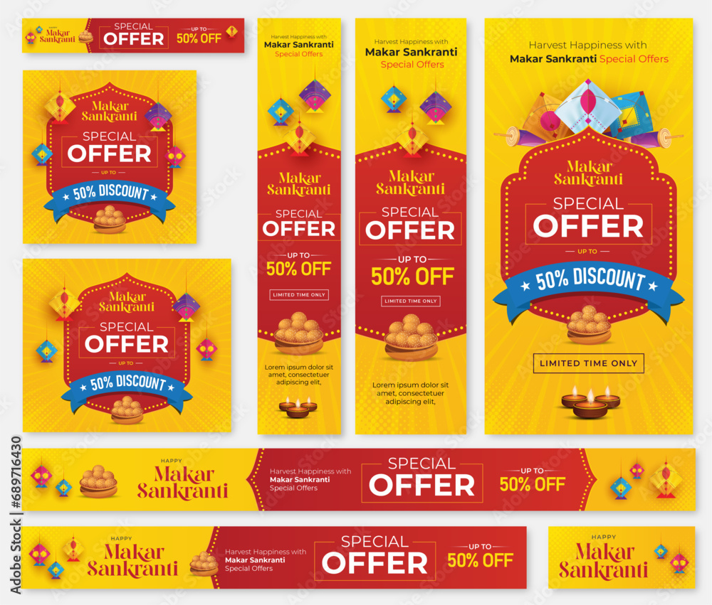 Makar Sankranti Sale Digital Media Web Banner Design Layout Template with different Sizes