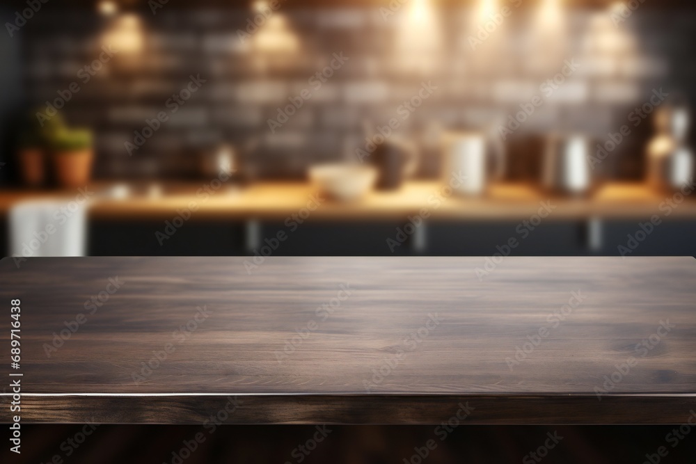 Wooden table on blurred kitchen bench background. Empty black wooden table and blurred kitchen background 