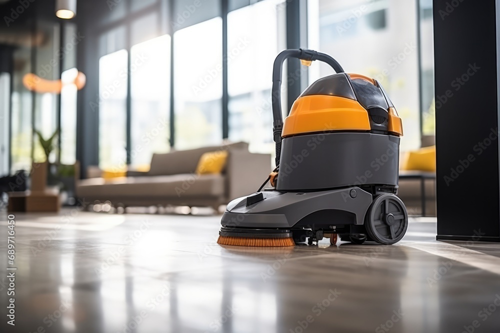 Fototapeta premium Worker Cleans Office Floor With Machine