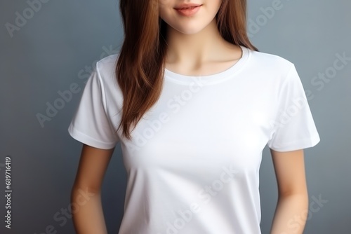Woman Wearing Blank White Tshirt Mockup. Сoncept Blank White T-Shirt Mockup, Casual Outfit, Minimalist Style, Fashionable Look