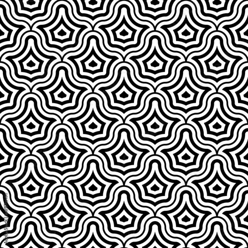 White interlocking figures tessellation on black background. Image with floral shapes. Ethnic mosaic tiles motif. Oriental window tracery. Seamless surface pattern design with scales ornament. Vector.