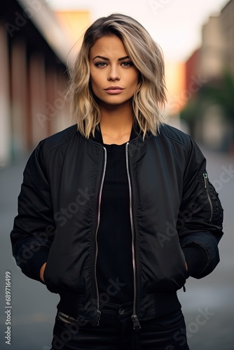 portrait of a young woman wearing a black bomber jacket photo