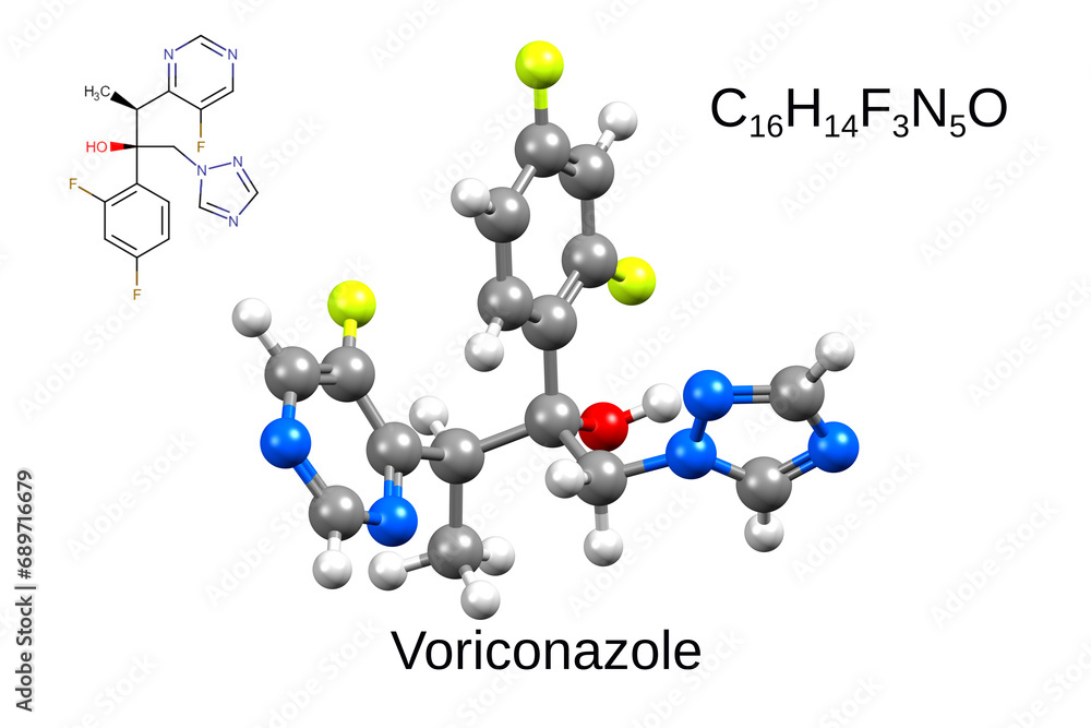 Chemical formula, structural formula and 3D ball-and-stick model of antifungal agent voriconazole Chemical formula, structural formula and 3D ball-and-stick model of antifungal agent voriconazole