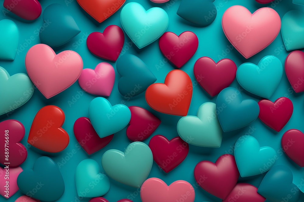 Colorful heart shaped candy, in the style of light teal and light crimson, rounded shapes