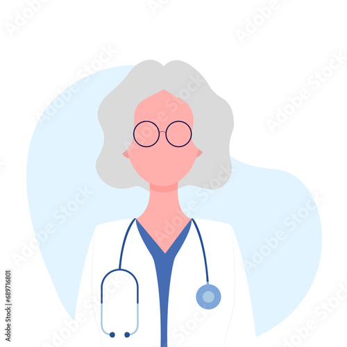 Senior Doctor therapist or pharmacist shows an idea with a finger or warns. Concept - doctor, healthcare. Vector illustration in flat cartoon style.