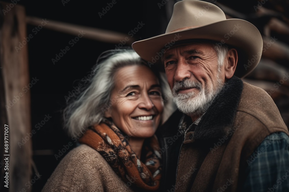 Senior couple on the wooden house background. Generative AI Senior couple on the wooden house background. Generative AI