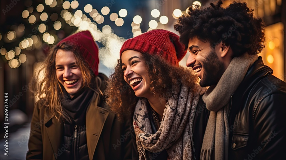 group of young friends having fun on European street in winter