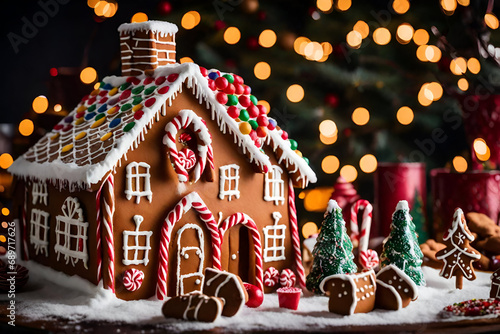 A Confectionary Feast for the Eyes: Unveiling the Exquisite Detail of a Christmas-Themed Gingerbread House Generative AI