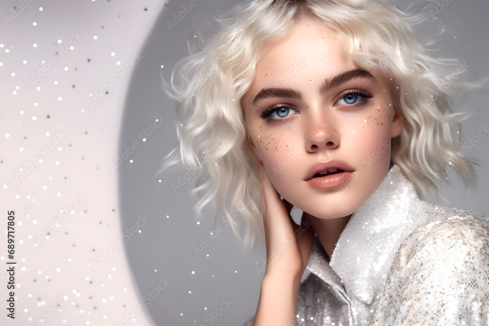 Fashion editorial Concept. Stunning beautiful woman high fashion striking silver white glitter shimmer sparkle. illuminated with dynamic composition and dramatic lighting. copy text space