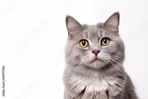 Captivating feline charm. Cute and adorable white kitten with grey markings isolated on white background. Playful british shorthair showcases beautiful fur and expressive eyes cat © Bussakon