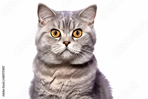 Captivating feline charm. Cute and adorable white kitten with grey markings isolated on white background. Playful british shorthair showcases beautiful fur and expressive eyes cat © Bussakon