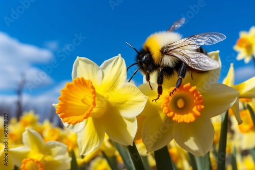 Bumblebee on double yellow white daffodil flower close up, on blue sky background - spring garden