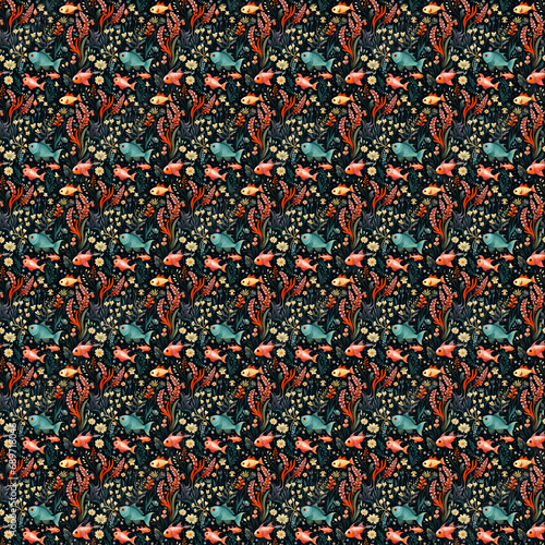 seamless pattern with fishes. pattern with fishes. Seamless pattern background of underwater ecosystems and marine life with coral reefs and graceful sea creatures like tropical fish. photo