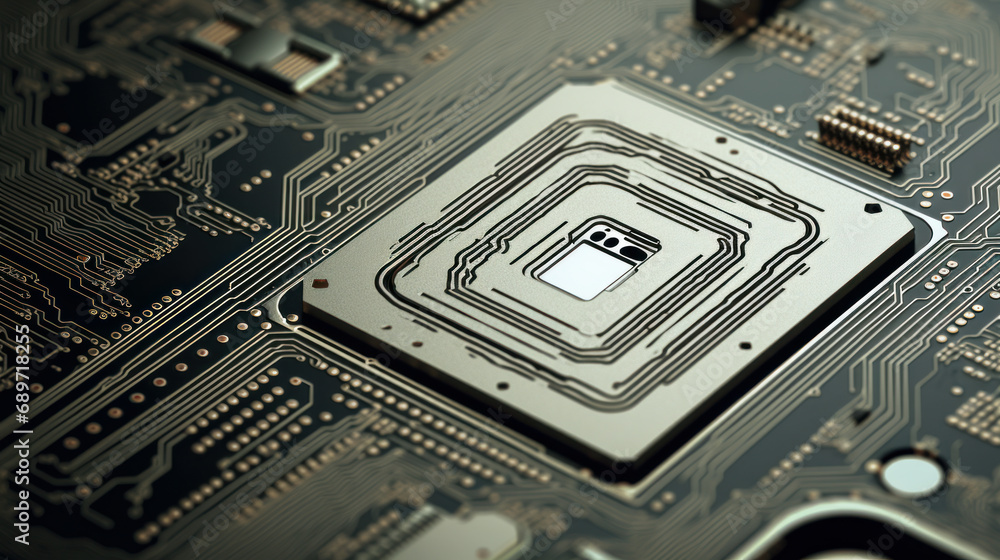 Close-up of PCB processor microchip, digitization of neural networks, cloud computing. Technology concept.