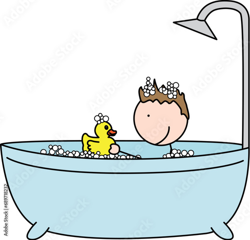 Cartoon illustration of a boy taking bubble bath and playing with a rubber duck