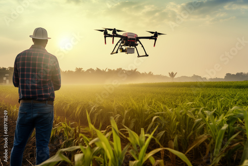 Farmer controls sprayer with a tablet. Smart farming and precision agriculture