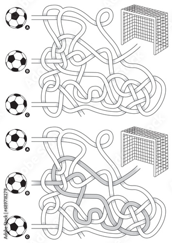 Soccer maze for kids with a solution in black and white