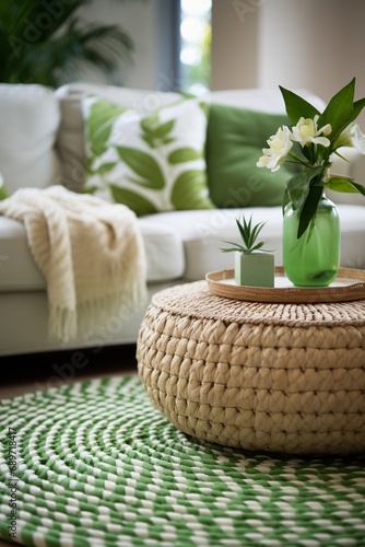 Close up of a beautiful carpet in the living room in a green and white colours photo