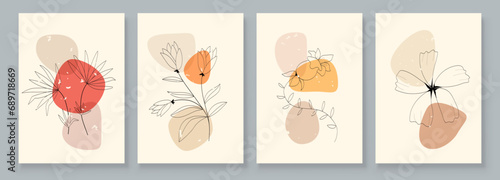 Abstract Botanical Organic Art Illustration. Set of soft color painting wall art for house decoration. Minimalistic canvas background design. Vector wall art plants in boho style.