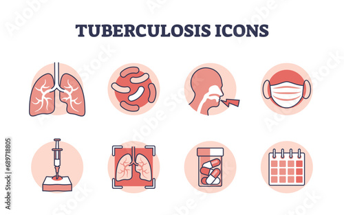 Tuberculosis icons with simple TB lung bacterial infection outline elements. Respiratory condition and lung disease checkup, inflammation diagnosis, treatment, and medical care vector illustration.