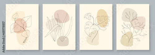 Abstract Botanical Organic Art Illustration. Set of soft color painting wall art for house decoration. Minimalistic canvas background design. Vector wall art plants in boho style.