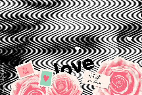 Valentine's day concept banner or card template design with female antique sculpture retro grunge halftone vector cutout collage with flower paper stickers elements.