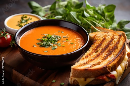 Grilled cheese sandwich with tomato soup, Comfort homemade hearty food for winter season photo