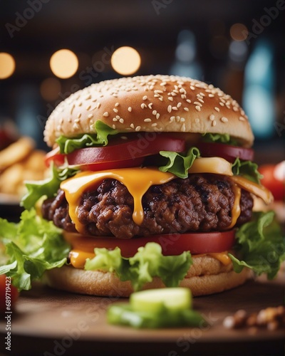close up view of delicious hamburger photo for advertising