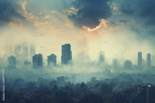 A city skyline with smog, fog and smoke.Air pollution of the city, environmental problem. Generative Ai