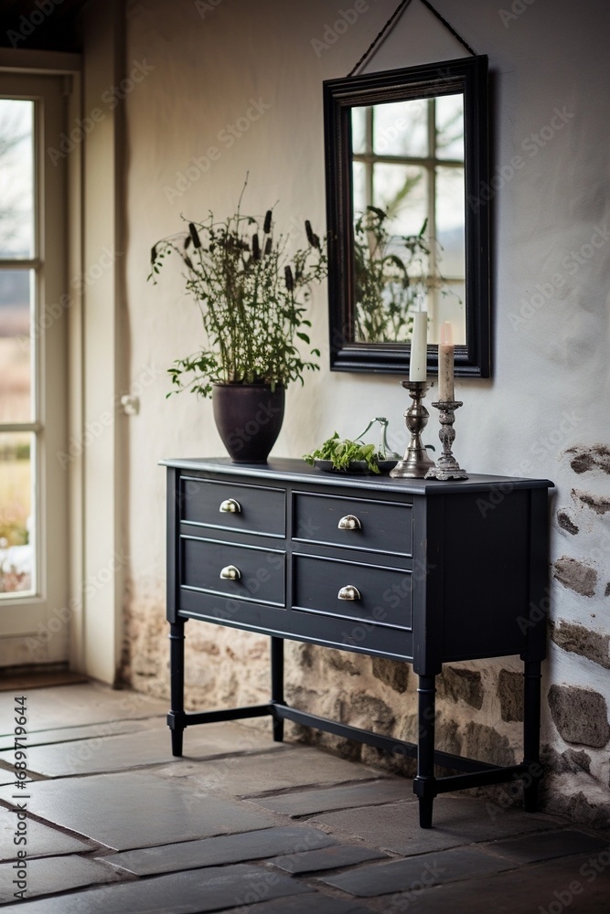 Fototapeta premium mirror with a black dresser at the entrance