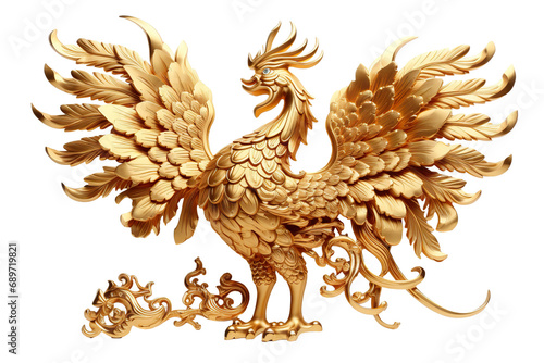 China-style lucky phoenix concept Belief in longevity. Dragon made of gold are believed to bring longevity on a white background