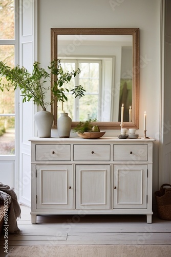 mirror with a white dresser at the entrance photo