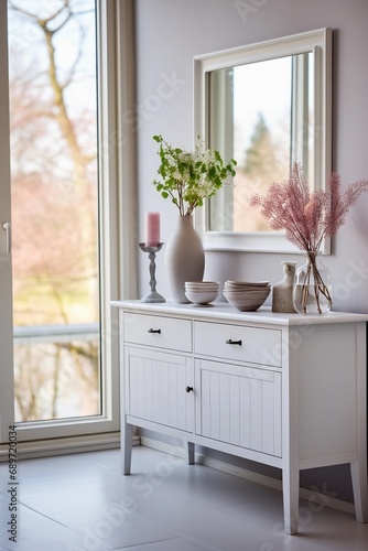 mirror with a white dresser at the entrance