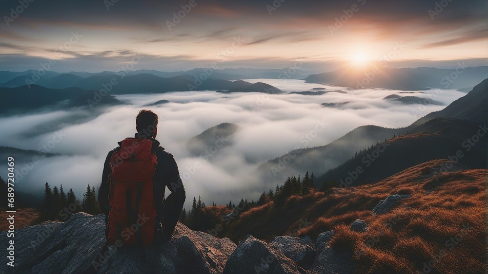 at the top of the foggy mountain, the sporty hiker man watching the lake with mountain views, sunrise

