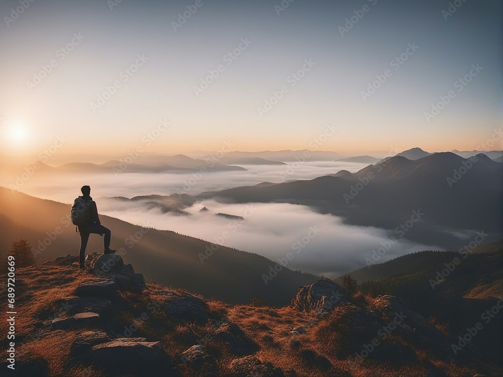 at the top of the foggy mountain, the sporty hiker man watching the lake with mountain views, sunrise

