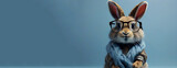 a rabbit wearing glasses and standing on the ground with his legs crossed and his head tilted to the side of the rabbit's face, wearing a pair of glasses, Generative AI