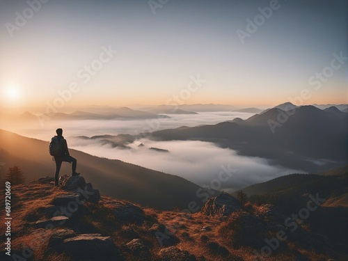 at the top of the foggy mountain, the sporty hiker man watching the lake with mountain views, sunrise
