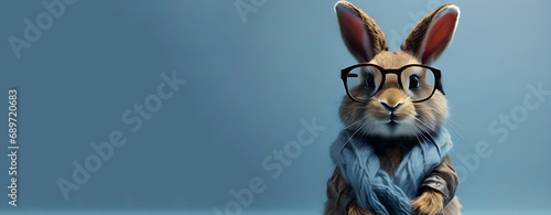 a rabbit wearing glasses and standing on the ground with his legs crossed and his head tilted to the side of the rabbit's face, wearing a pair of glasses, Generative AI
