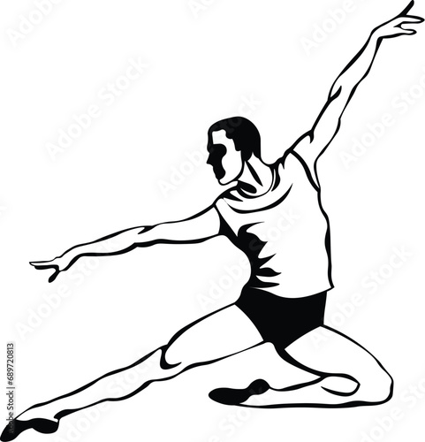 Cartoon Black and White Isolated Illustration Vector Of A Male Ballerina In A Jump Pose