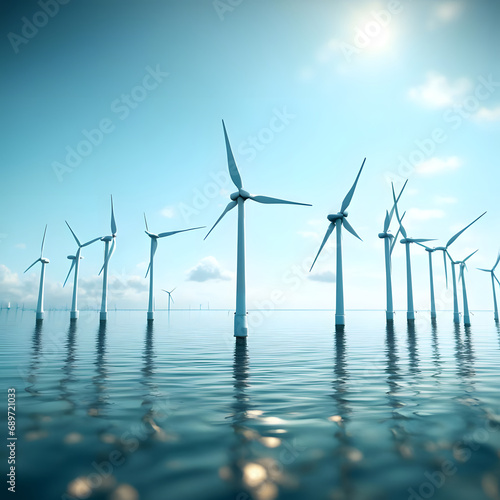 Wind turbines in the ocean. Alternative energy source. 3D rendering