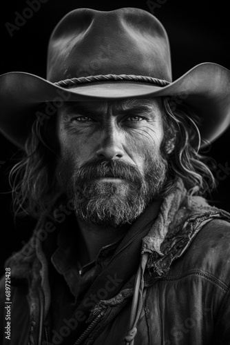 Black and white portrait of a bearded cowboy with hat.