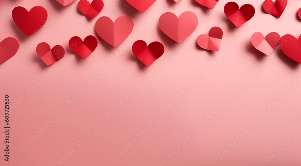 red paper hearts on a pink background. Valentine's Day background