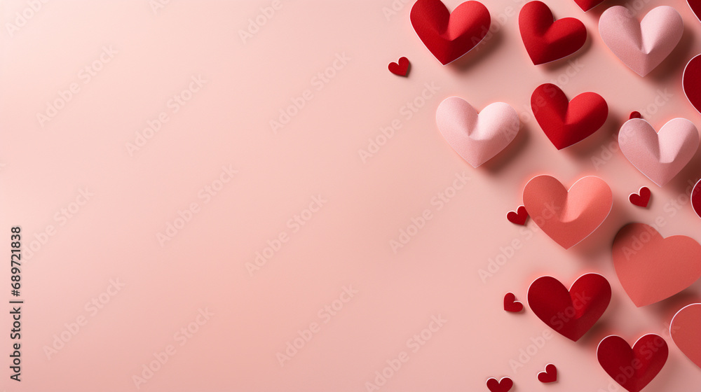 red paper hearts on a pink background. Valentine's Day background