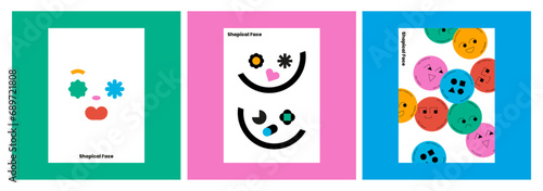 Graphic design of faces with different shapes Create interesting and unique faces cartoon postcard poster artwork heart eyes mouth pierrot vector set emotion emoji face expression photo